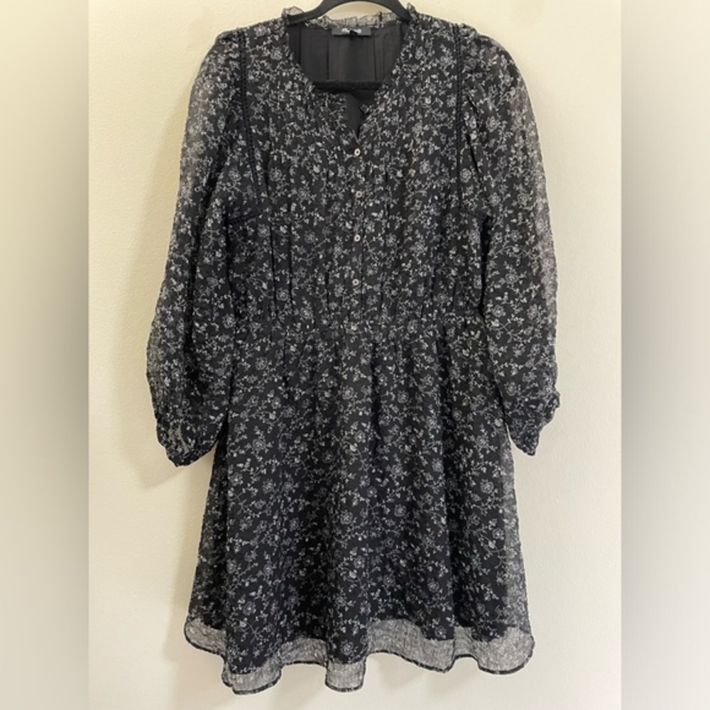 Madewell Dotted Vines Ruffle Neck Mini Dress in‎ Black - S